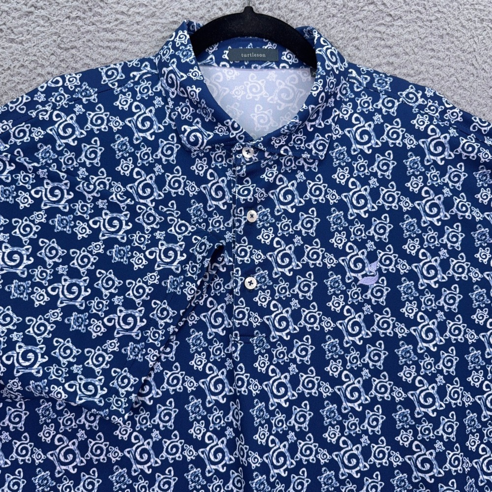 Turtleson Polo Shirt Mens XL Navy White Geometric Turtle Print Performance Golf